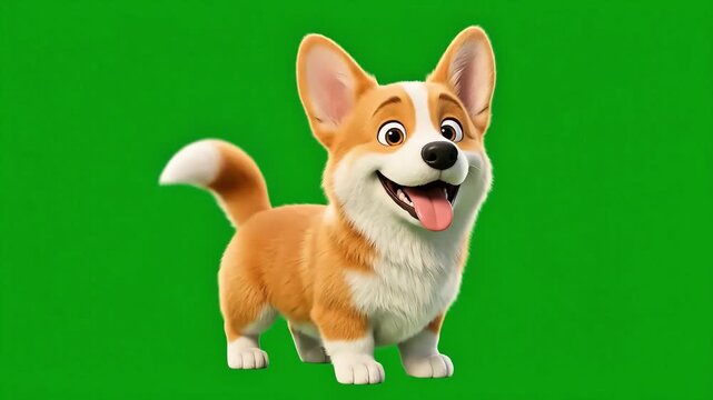 A cheerful animated Corgi dog standing on a green screen background