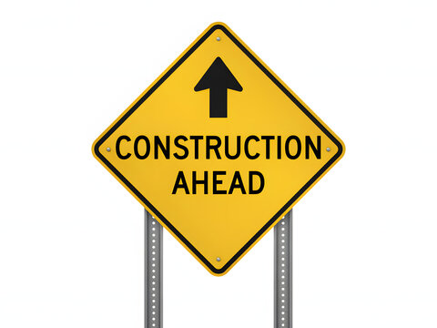 Construction ahead road sign with arrow, warning sign for traffic and roadwork