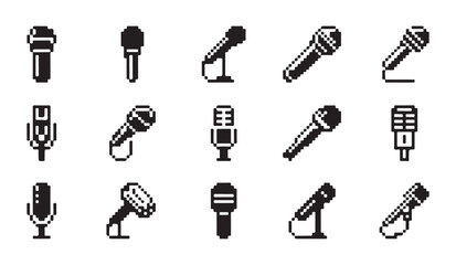 Pixel art collection of various handheld and studio microphones for audio recording set. © RANA