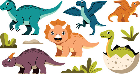 Prehistoric reptiles flat vector illustration. A happy triceratops, winged pterodactyl, horned dinosaur, and hatching green sauropod baby explore simple grassy bushes. © ALINA
