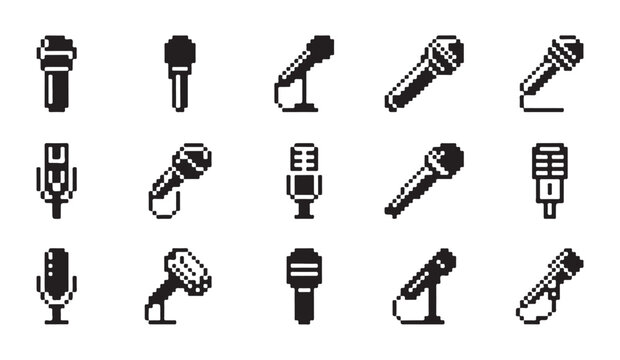 Pixel art collection of various handheld and studio microphones for audio recording set.