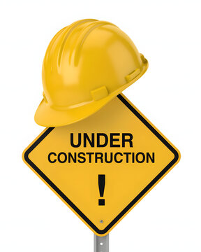 Under construction sign with yellow hard hat on top, roadwork warning symbol