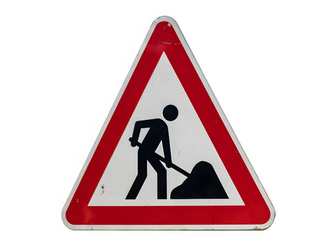 Road work sign with construction worker and shovel, warning triangle symbol