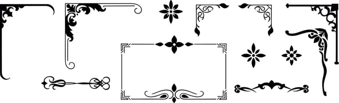Collection of elegant black vintage ornamental corner frames and floral borders decorating white space for high contrast.