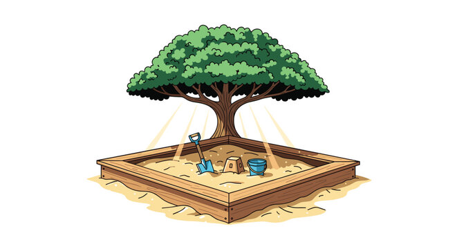Peaceful wooden sandbox filled with sand and colorful toys sitting under the shade of a large and leafy deciduous tree.