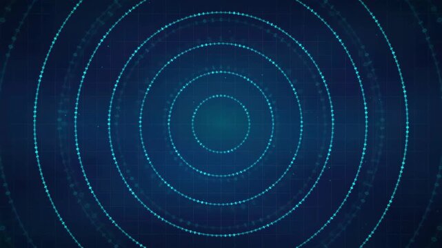 Abstract blue digital hud interface with rotating concentric circles and glowing data particles