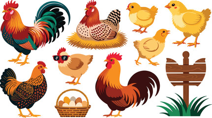 Chicken family flat vector illustration. Colorful roosters, brooding hens sitting on straw nests, tiny yellow chicks, and an egg basket form a farm collection. © ALINA