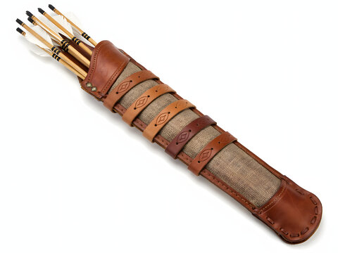 Traditional leather quiver with arrows for archery sport and hunting, isolated on white background