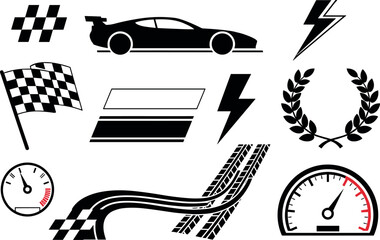 Exciting vector set of black racing icons with stark silhouettes and checkered flags for intense track competition events. © Vector Expert
