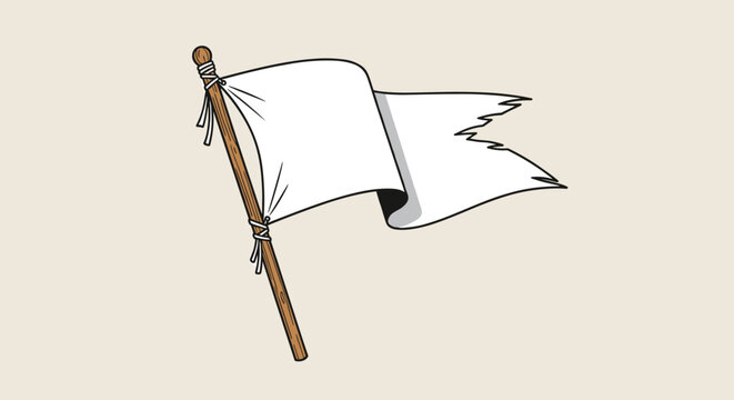 Isolated tattered white flag of surrender on a wooden pole waving slightly against a neutral background symbolizing peace or defeat.