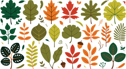 Autumn leaves flat vector illustration. Colorful orange, red, and green foliage stems combine with oak leaves, maples, ferns, and small acorns. © ALINA