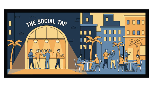 People drinking and socializing inside and outside a modern bar called the social tap against a city skyline at night.