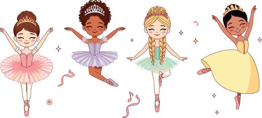 Little ballerinas flat vector illustration. Four cute princess dancers wearing colorful tutus, tiaras, and pointe shoes leap gracefully among magical sparkles. © ALINA
