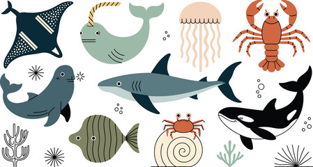 Ocean creatures flat vector illustration. A shark, orca, narwhal, stingray, lobster, seal, jellyfish, and crab swim around simple sea plants. © ALINA