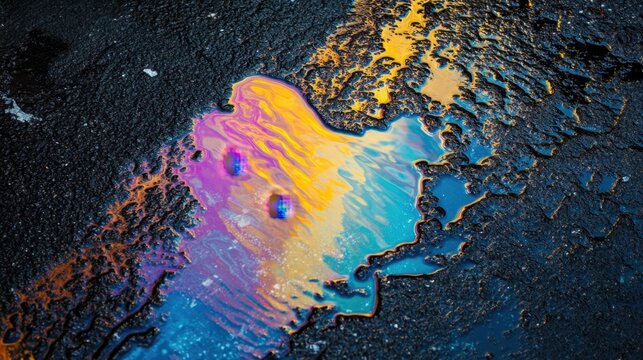 Vibrant rainbow oil spill reflecting light on a wet asphalt surface after rain