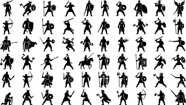 Comprehensive bundle of black warrior silhouettes featuring medieval knights historical vikings ancient spartan soldiers and fantasy gladiators with combat weapons, vector set.