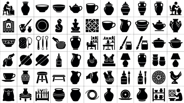 Comprehensive ceramic pottery icon collection featuring clay sculpting craftsmen vases teapots bowls plates kilns and craft tools, black vector silhouette graphics set.