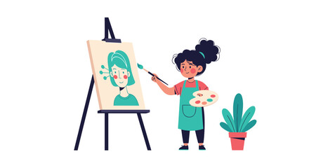 Fototapeta premium Creative young girl wearing an apron and holding a paint palette while painting a portrait of a woman on a wooden easel.