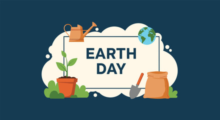 Fototapeta premium Earth Day awareness banner with a potted plant, watering can, shovel, and the globe to encourage environmental protection and gardening.