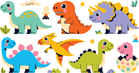 Cute dinosaurs flat vector illustration. A friendly brontosaurus, tyrannosaurus rex, triceratops, stegosaurus, pterodactyl, and hatching baby egg make a playful prehistoric collection. © ALINA