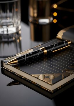 Elegant pen and notebook on black marble background luxury writing accessories