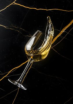 Elegant wine glass with splashing liquid on a black marble background