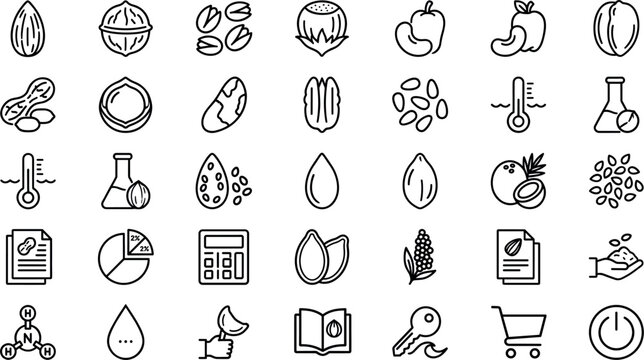 Nuts and Seeds Line Icon Set with Almond Walnut Coffee Bean Peanut Grain and Agriculture Symbols Collection
