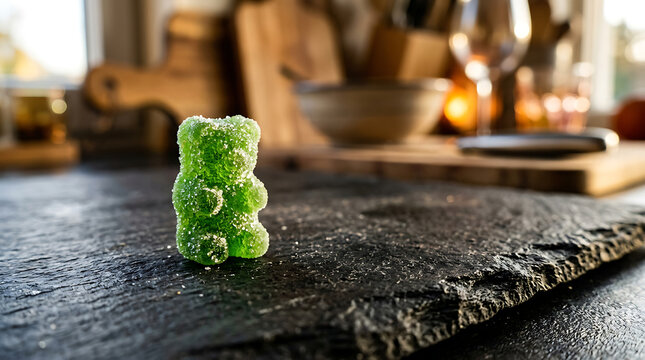 A single green gummy bear covered in sugar sits on a dark slate surface with a blurred kitchen background