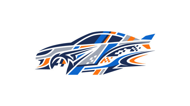 Blue and orange automotive side body racing decal.
