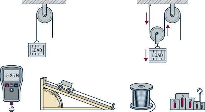 Physics Lab Experiment Equipment Vector Set with Fixed and Movable Pulley Force Gauge Inclined Plane Nylon String and Slotted Weights Diagram