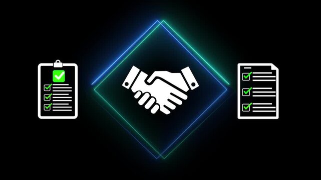 Innovative B2B purchasing and supplier management concept. Neon digital procurement system with icons representing approval, documents, and agreements