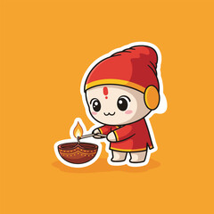 A cute cartoon character lighting a traditional diya lamp for Diwali.