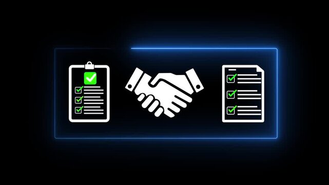 Innovative B2B purchasing and supplier management concept. Neon digital procurement system with icons representing approval, documents, and agreements