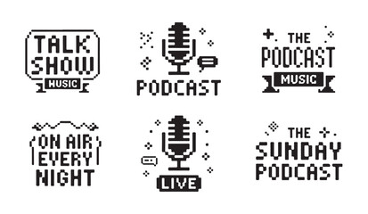 Podcast show logo set with pixel art microphone graphic for radio streaming and internet. © RANA