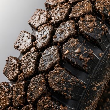 A close-up view of a heavy duty rubber tire tread caked with thick wet brown mud after an adventurous journey through rugged terrain outdoors, rubber, surface, trail