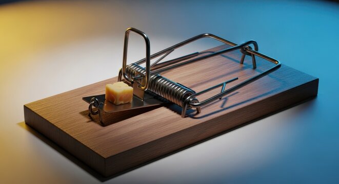 A dangerous wooden and metal spring-loaded rodent trap is carefully set and ready for use, showing the tension and lethal mechanism indoors, rodent, problem solving, snap