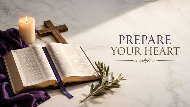 Open bible with a cross, candle, and olive branch for lent reflection