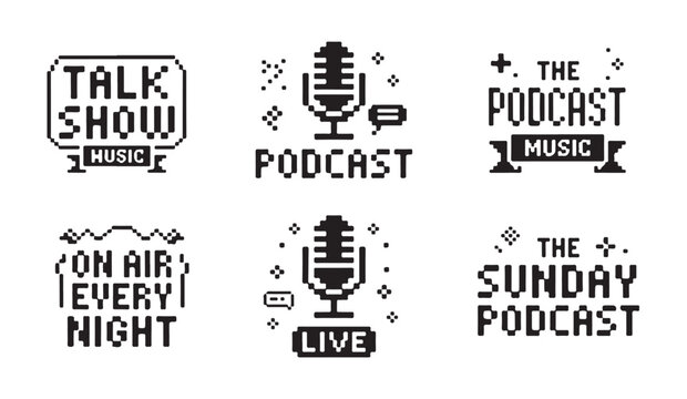 Podcast show logo set with pixel art microphone graphic for radio streaming and internet.