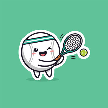A cute cartoon tennis ball character wearing a headband and holding a tennis racket.