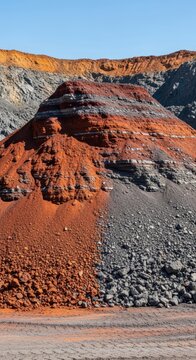 A massive pile of raw iron ore sits under the bright sun in an industrial quarry, displaying deep red and rusty orange mineral textures, pit, natural, earth