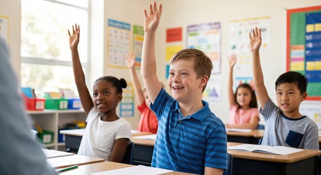 Diverse elementary students raising hands in inclusive primary classroom