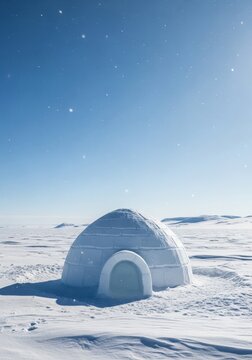 A traditional snow igloo stands solitary amidst a vast frozen arctic landscape under a clear bright blue sky with shimmering ice crystals, chill, icebound, blue
