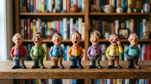Seven whimsical office worker figurines with expressive faces standing in a row on a wooden shelf in front of a bookshelf