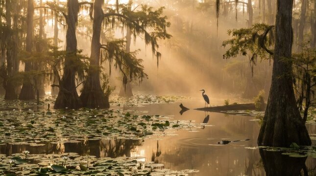 Ethereal Cypress Swamp at Sunrise with Golden Mist, Heron, Alligator, and Water Lilies