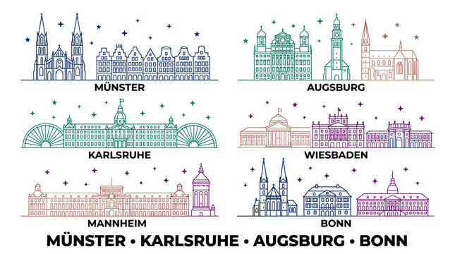 Minimal Gradient German City Skyline Collection with Continuous Line Art Landmarks and Elegant European Travel Vector Set