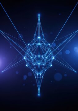 An abstract network of glowing blue lines and geometric shapes creating a futuristic deep space environment with soft bokeh light effects, technology, structure, cyber