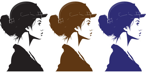 Vector profile portrait set of a female engineer wearing a safety hard hat in different colors, modern woman construction worker silhouette design in black, brown, and purple options. © Mujtanibah