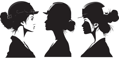Black and white vector silhouette set of female engineers or architects wearing safety hard hats, modern woman construction worker profile portraits minimalist design. © Mujtanibah
