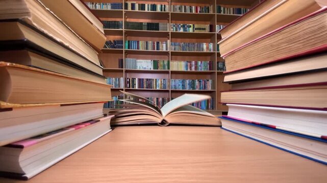 Books are arranged in neat stacks on a wooden table inside a traditional public library setting.