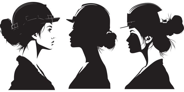 Black and white vector silhouette set of female engineers or architects wearing safety hard hats, modern woman construction worker profile portraits minimalist design.